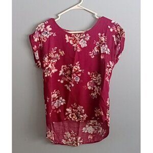 Maroon & Floral Short Sleeve M Blouse, Zipper Back, PINK REPUBLIC
